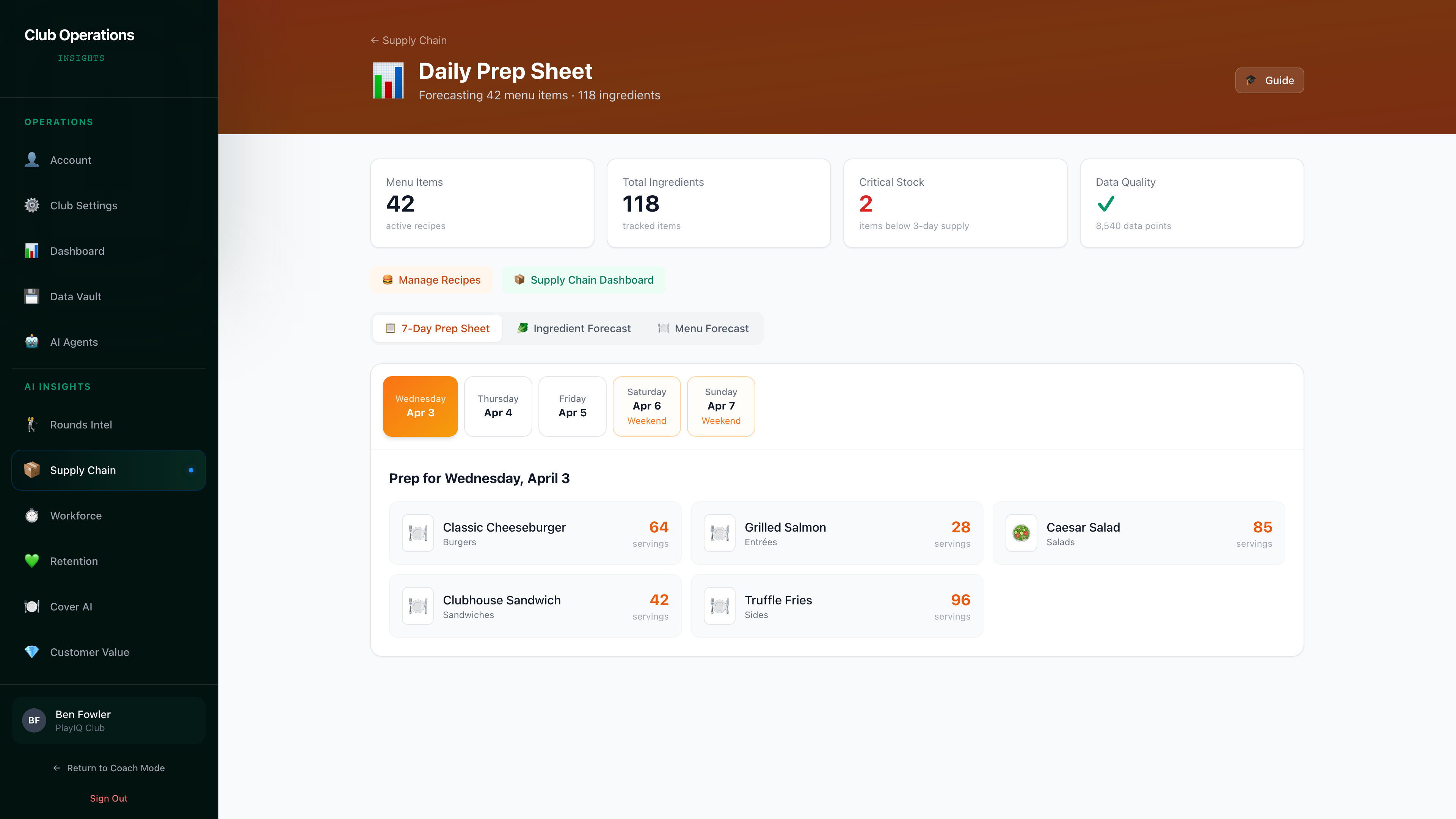 Food Production Management System — Automated daily prep sheet with AI-predicted servings per menu item for Wednesday at Oakmont Country Club
