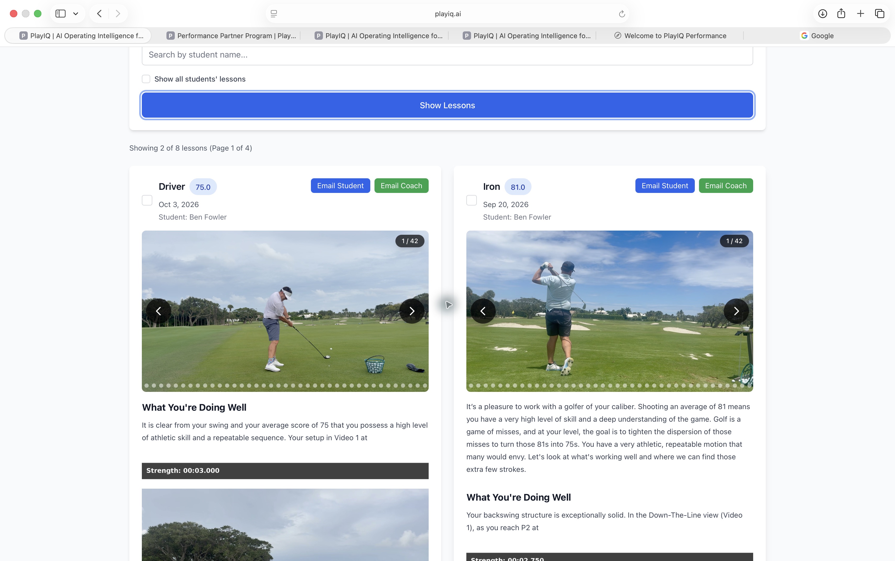 PlayIQ swing lesson showing video frames and written feedback on strengths and areas to improve